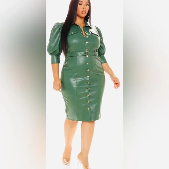 Chic Green Faux Leather Dress FN All For Looks Faux Leather Midi Dress - Picture 2 of 3
